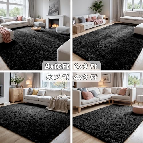 8x10 Fluffy Shag Area Rugs for Living Room Bedroom (Black / 8' x 10' (Rectangular))