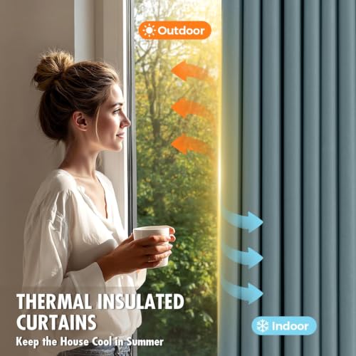 Greyish Blue Blackout Bedroom Curtains Drapes 96 Inch Long 52"x96" (Greyish Blue / 52"W x 96"L (Pack of 2))