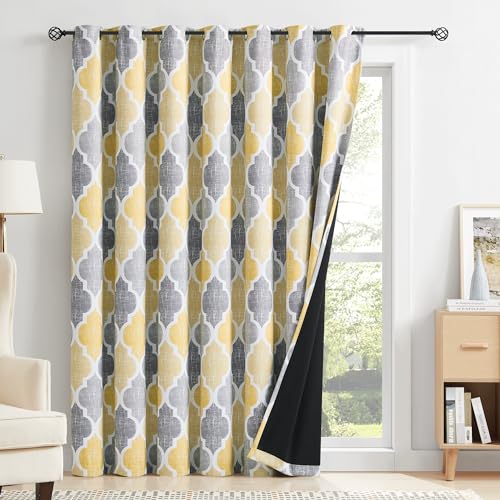 Moroccan 100% Blackout Sliding Door Curtains Yellow Grey 100x96x1 (Grommet | Yellow and Grey / 100"W x 96"L (Pack of 1))