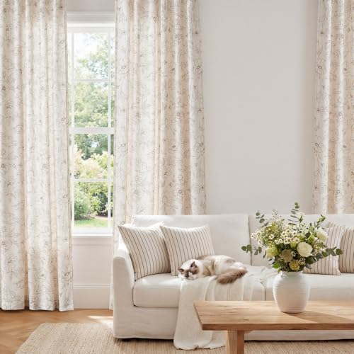 Linen Floral Curtains for Living Room 84 Inch Length Taupe Flower Curtain Rod Pocket Back Tab Farmhouse Curtains with Printed Floral Bedroom Window Curtain Set (Penny Taupe on Ecru / 50"W x 84"L (Pack of 2))