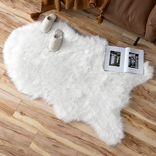 Fluffy Area Rug 3'x5' Large Faux Fur Sheepskin Rug for Bedroom White (3' x 5' (Large Sheepskin) / White)