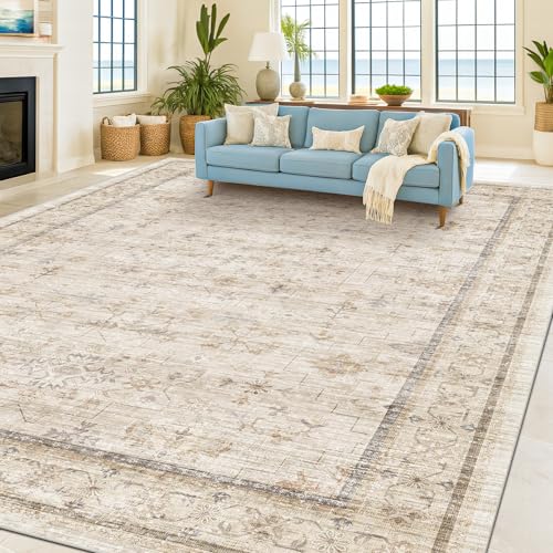Washable Ivory Living Room Rug (8' x 10' (Rectangular) / Light Sand Beige)