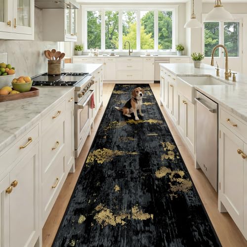 Washable Runner 3'x12' Abstract Area Rug for Hallway Black Gold (Black/Gold / 3' x 12' (Runner))