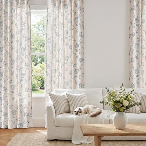 Blue Floral Linen Curtains 63 Inch Vintage Back Tab 2 Panels (Floral Blue / 50"W x 63"L (Pack of 2))