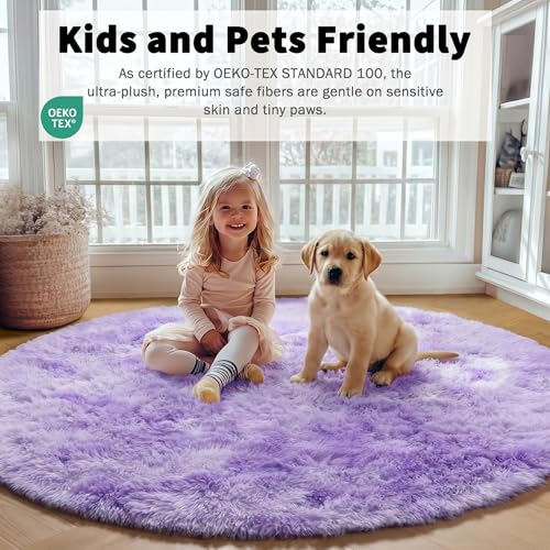 Tie Dye Purple Fluffy Round Rug Circle Area Rugs 4ft for Girl Kids Bedroom (Colorful Purple / 4' (Round))