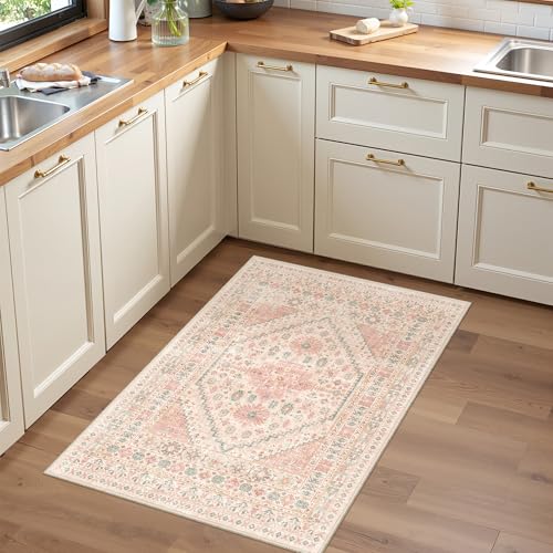 2x3 Entryway Rug Vintage Washable Rug Runner for Kitchen (Pink / 2' x 3' (Runner))