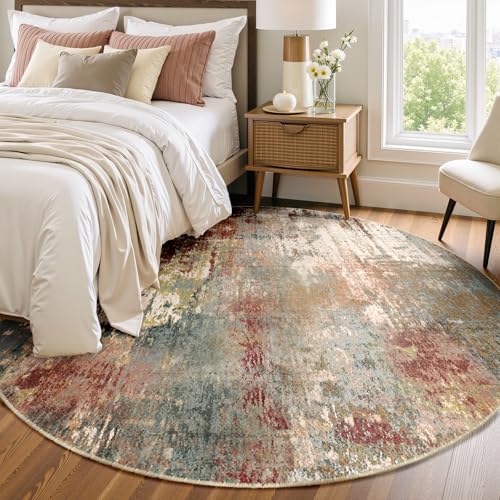 Washable Round 8ft Area Rug for Living Room Rustic Brown (Rust Red/Green/Blue/Multi / 8' (Round))