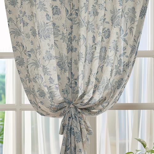 Blue Floral Linen Curtains 84 Inch Vintage Back Tab 2 Panels (*Jacobean Blue on Beige / 50"W x 84"L (Pack of 2))