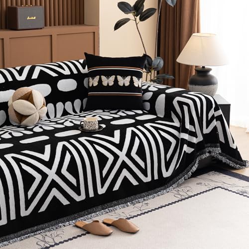 Boho Couch Cover Blanket Geometric Striped Pet Covers for Couches and Sofas Black and White Dog Cover for Couch Pet Friendly Chenille Sectional Sofa Covers for Pets Washable (71" x 134" / Stripe: Black and White)