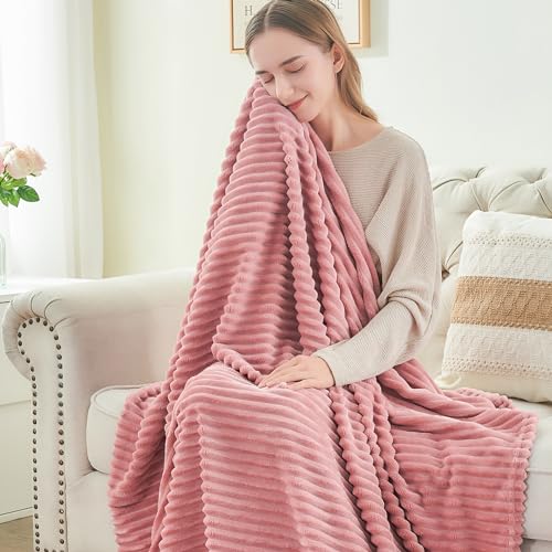 3D Ribbed Jacquard Pink King Size Blankets for Bed (Dusty Pink / King(108"x90"))