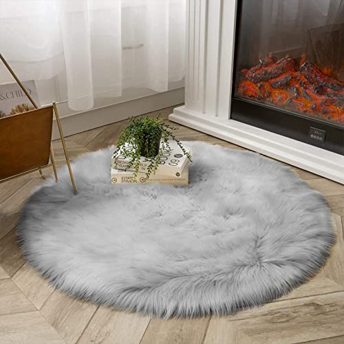 Round 3ft Small Fur Rug Grey Fluffy Faux Sheepskin Cute Circle Rugs for Bedroom Washable Furry Rug Home Décor (3' (Round) / Grey)