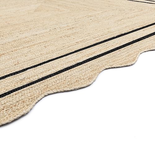 Wave Scalloped Jute Rug Entryway Natural Boho Area Rug Black 5'x8' (5'x8' / Black)