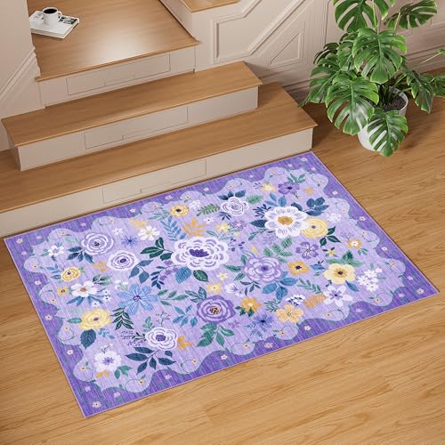 3x5 Area Rug Floral Washable Rug for Bedroom Non Slip (Purple / 3' x 5' (Rectangular))