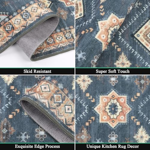 HEBE Boho Kitchen Rugs Set of 3 (Blue/Coffee / 20"x32"+20"x48"+30"x50")