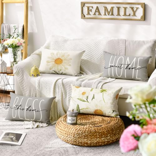 Home Sweet Home Spring Summer Flowers Throw Pillow Covers (Grey / 20" x 12" (Pack of 4))