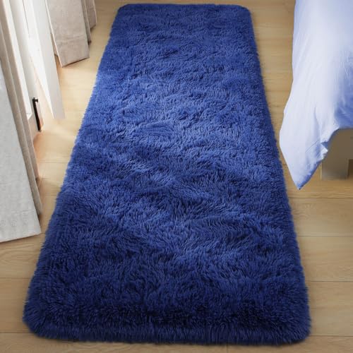 Navy Soft Runner Rugs for Bedroom 2x6 ft with Rubber Backing (Light Navy / 2' X 6' (Runner))