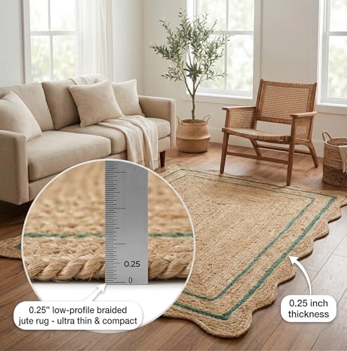 Natural Jute Area Rug Classic Braided Design Soft Textured Durable Easy Clean Low Pile Rug for Living Room Nursery Bedroom Modern Home (Green / 5x8 Feet)
