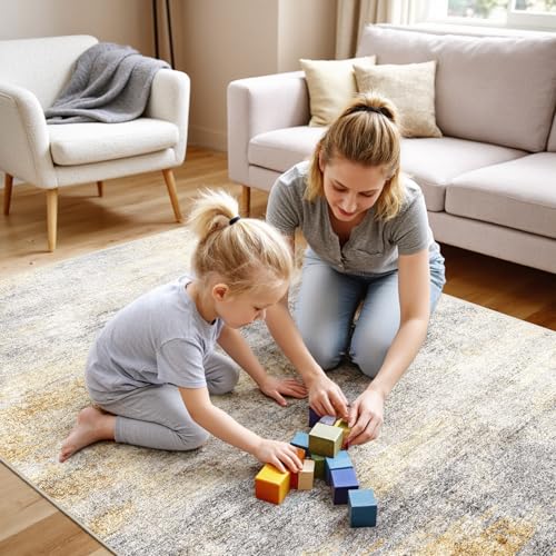 4x5 Area Rug Washable Abstract (Grey/Yellow / 4' x 5')