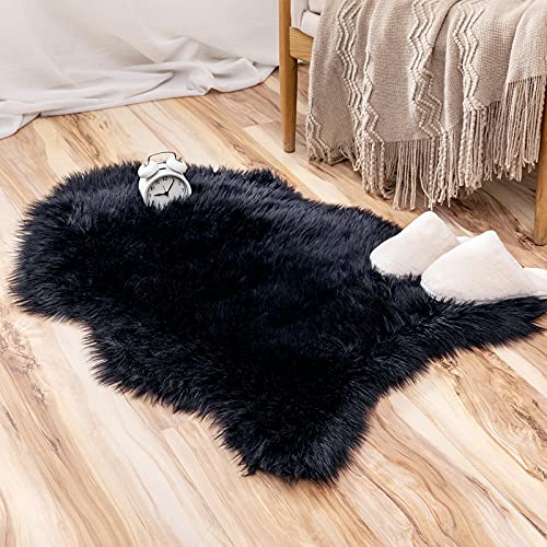 Fluffy Area Rug 2x3 ft Faux Fur Sheepskin Rug for Bedroom Black (2' x 3' (Sheepskin) / Black)