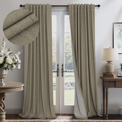 Taupe Blackout Curtains 90 Inches Long Thick Linen Patio Curtain for Sliding Glass Doors Neutral Cottagecore Home Decor Living Room Darkening Energy Saving Drape Window Coverings 52x90 Length 2 Panels (Dark Taupe / 52"W x 90"L (Pack of 2))