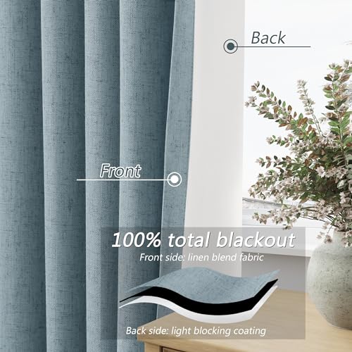 Blue 100% Blackout Linen Curtains 132 Inch Length 2 Panels Set for Living Room Bedroom Back Tab Thermal Insulated Black Out Drapes Room Darkening Farmhouse Window Curtains Dusty Blue 52x132 (Blue / 52"W x 132"L (Pack of 2))