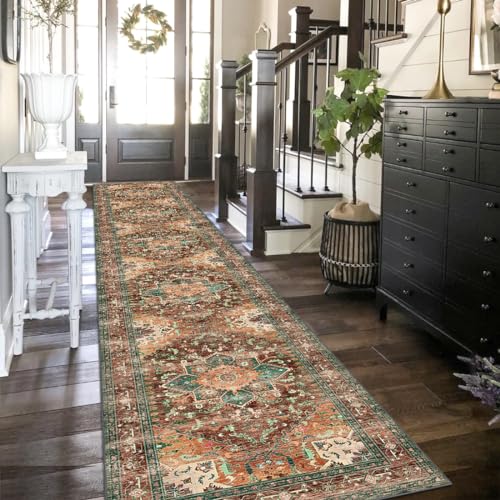 Washable Runner Rug (2' x 12' / Rust/Dull Teal)