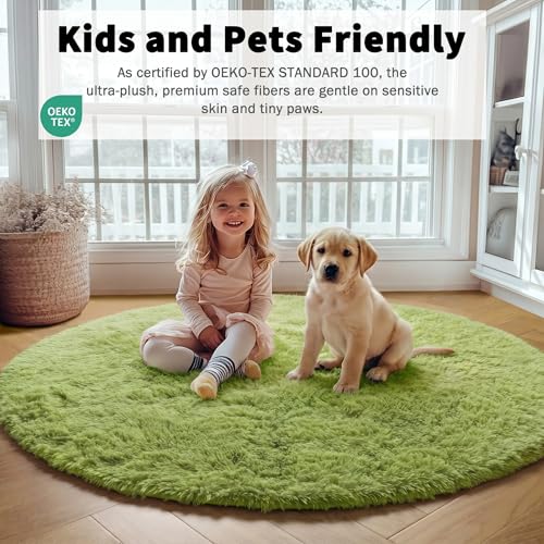 Grass Green Fluffy Round Rug Circle Area Rugs 4ft for Kids Teen Bedroom (Green / 4' (Round))
