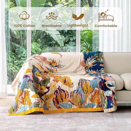 Boho Throw Blanket 80"x90" 100% Cotton Muslin Floral Blanket for Bed (D-flower and Butterfly / 80"x90")