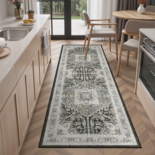 Washable Runner Rug 2x6 Runners for Hallways (Grey Green/Black Olive / 2' x 6' (Runner))