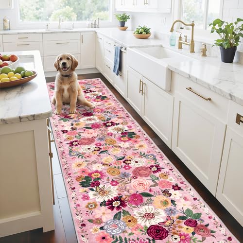 Pink Garden Floral Hallway Runner Rug 2x10 for Kitchen Bathroom (Pink / 2' x 10' (Rectangular))