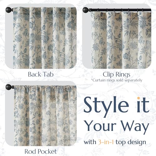 Blue Floral Linen Curtains 84 Inch Vintage Back Tab 2 Panels (*Jacobean Blue on Beige / 50"W x 84"L (Pack of 2))