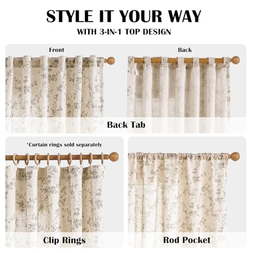 Grey Vintage Floral Linen Curtains Farmhouse 50W X 63L 2 Panels (Grey on Beige / 50"W x 63"L (Pack of 2))