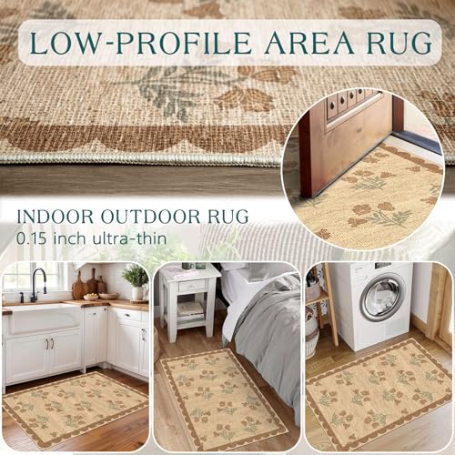 Front Door Mat Indoor Outside Entrance 2x3 Tan Floral Scalloped Rug (Flower - Wheat/Tan/Sage / 2' x 3' (Rectangular))