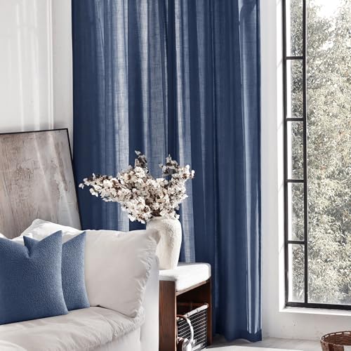 Navy Blue Curtains 92 inch Length for Bedroom Back Tab Light Filtering Semi Sheer Blue Living Room Curtains Linen Cotton Textured Indigo Blue Drapery Panel Modern Farmhouse Aesthetic Decor Dark Blue (Navy Blue / 52"W x 92"L (Pack of 2))