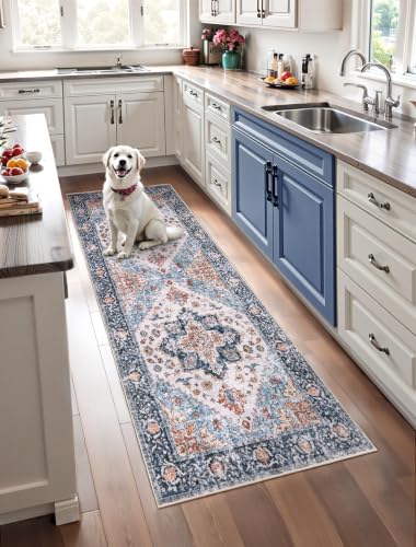 3x7 Washable Non Slip Boho Runner Rug for Hallway (Blue/Orange / 3' x 7' (Runner))