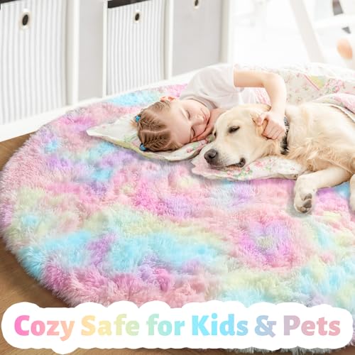 Rainbow Unicorn Large Round Rug 6Ft for Girls Bedroom Living Room (Rainbow / 6' (Round))