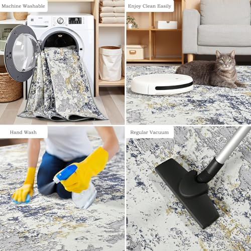 4x6 Washable Non Slip Abstract Area Rugs for Bedroom Living Room (Blue White Gold / 4' x 6' (Rectangular))