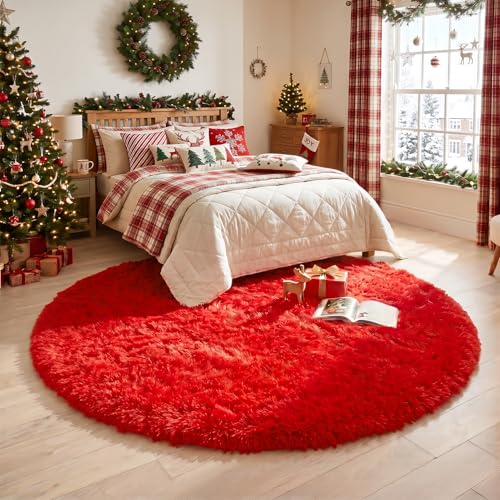 Red Furry Round Circle Area Rug 4Ft for Boys Bedroom Living Room (Red / 4' (Round))