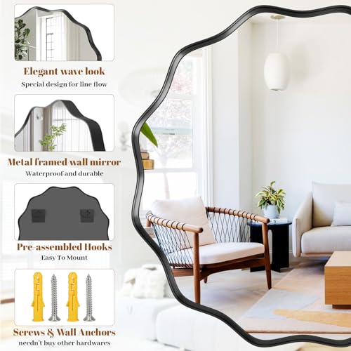 Wavy Round Mirror (Black / 24"L x 24"W)