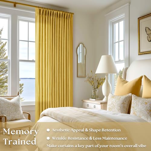 Mustard Yellow Pleated Semi Sheer Linen Curtains 102 Inches Long 2 Panel (Mustard Yellow / 40"W x 102"L (Pack of 2))