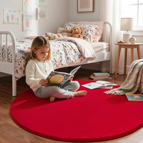 Red Round Area Rug 5ft Washable Circle Rugs for Bedroom Living Room (5' (Round) / Red)