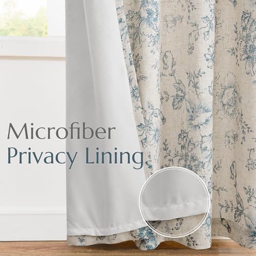 Floral Lined Linen Curtains 108 Long for Living Room 2 Panels (Lined Blue / 50"W x 108"L (Pack of 2))