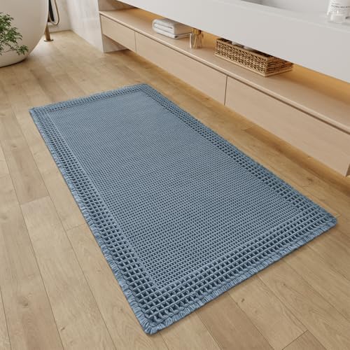 Waffle Bathroom Runner Rugs (Blue / 2' X 4')