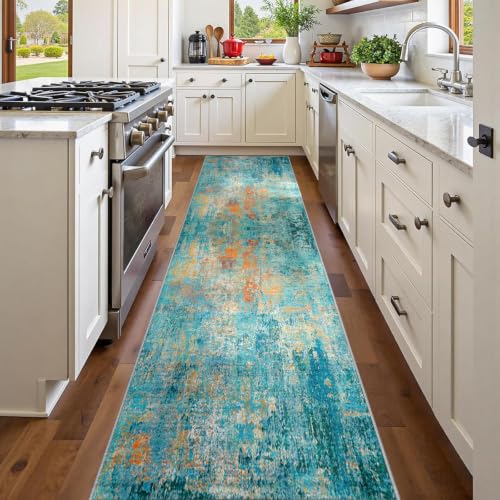 Washable Runner 2'x8' Abstract Area Rug for Hallway Teal Multi (Teal Blue/Green/Orange / 2' x 8' (Runner))