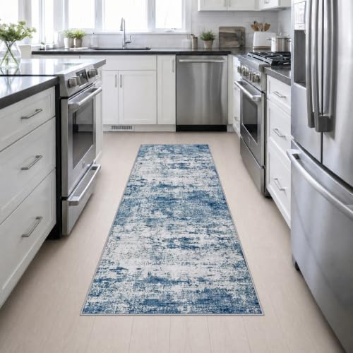 2.6x8 Washable Runner Rug：Modern Abstract Kitchen Soft Carpet Blue (Blue / 2'6" x 8' (Rectangular))