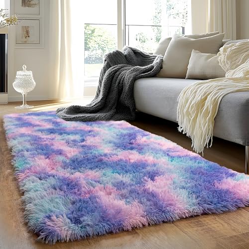 Runner Rugs for Bedroom 2x6 Rug Runners for Hallways Non Slip Soft Shag Bedside Rug (2' x 6' (Rectangular) / Rainbow Purple)