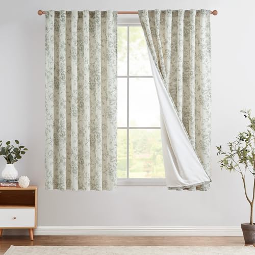 Floral Lined Linen Curtains 63 Long for Living Room 2 Panels (Lined Green / 50"W x 63"L (Pack of 2))