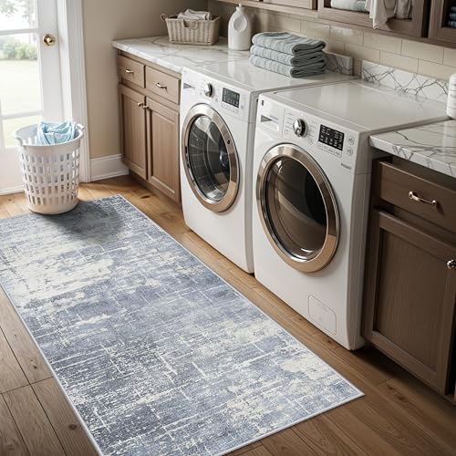 Washable 2x5 Abstract Hallway Runners (2' x 5' (Rectangular) / Blue/Ivory)