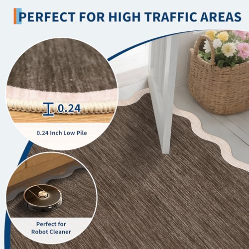 Scalloped Washable Area Rug 8 x 10 Rug for Living Room Non Slip (Scalloped|dark Brown / 8' x 10' (Rectangular))