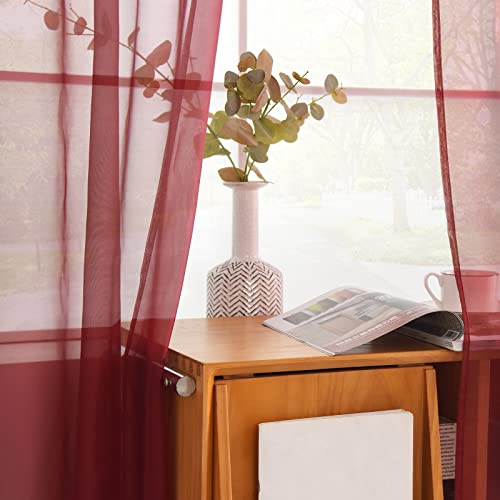 Solid Sheer Rod Pocket Curtain Voile Draperies 2 Panels White Beige Black Grey Coffee 52 Inch Width 90 Inch Long 1 Pair for Kitchen Bedroom Children Living Room Yard (Wine Red / 52"W x 90"L (Pack of 2))